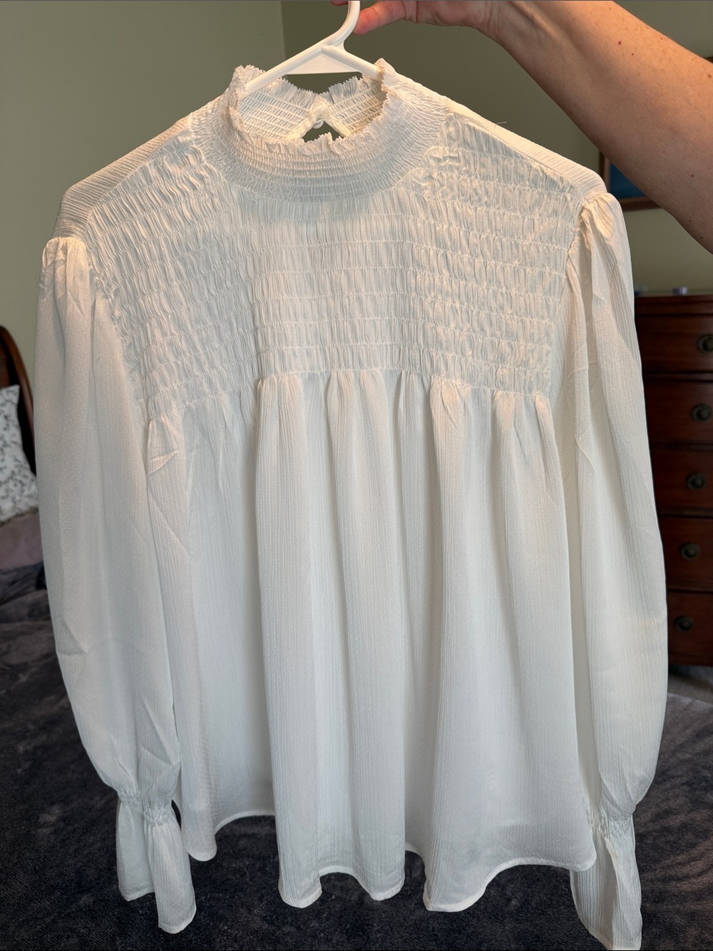 Francesca's Collections White Smocked Mock-Neck Peasant Blouse